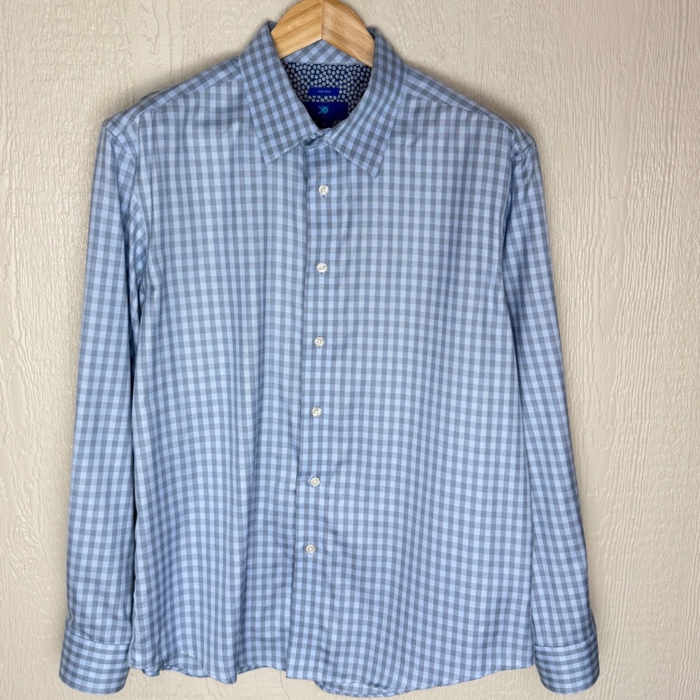 Egara Mens XL Blue Gingham Check Non-Iron Button Down Shirt Cotton Long Sleeve